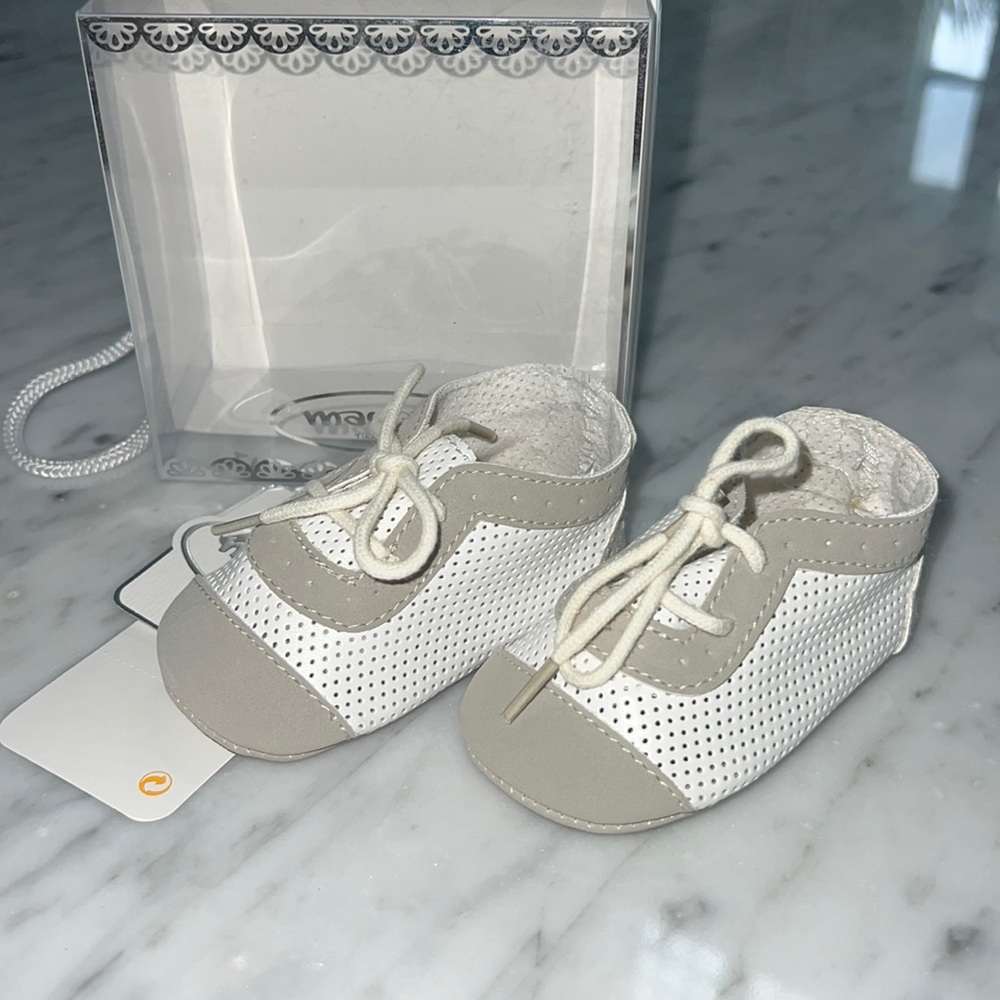New Mayoral Baby Perforated White Lace Up Shoes with Taupe Accents